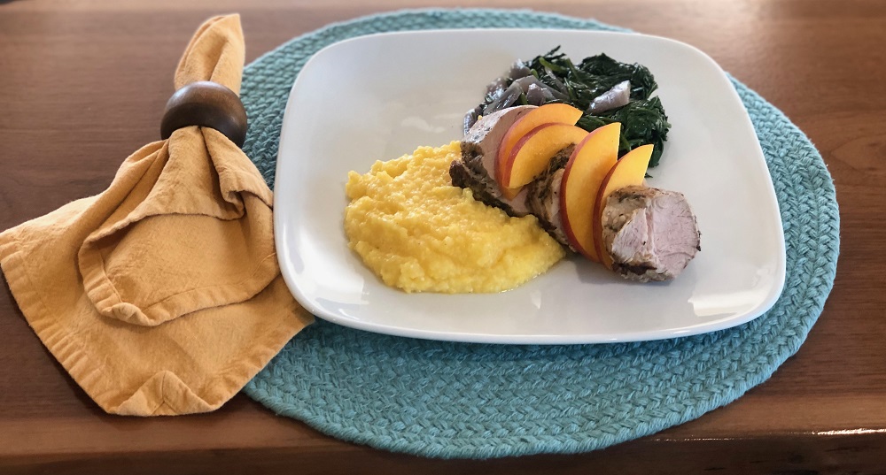 Pork with Peaches polenta spinach onins (SMALLER 1) Pork with Peaches polenta spinach onions